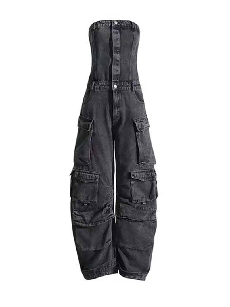 Sexy Strapless Multi-pocket Denim Jumpsuit