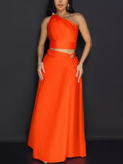 Solid Color One Shoulder Top And Skirt Two Piece Set