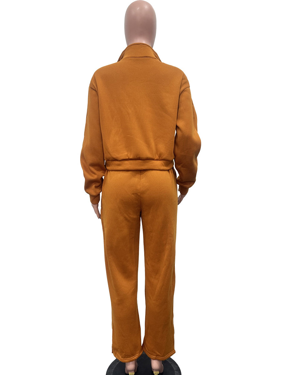 Casual Zipper Top Drawstring Pants Sports 2 Piece Set