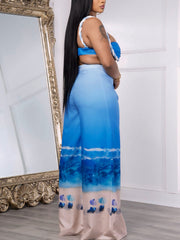 Casual Print Crop Top and Wide Leg Pants Vacation Sets