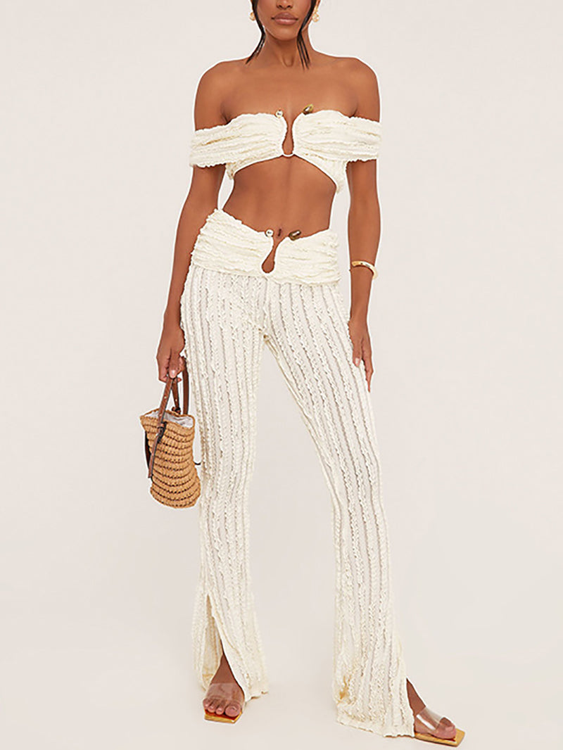 Off Shoulder Low Rise Buckle Layered Trousers Sets