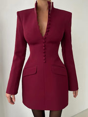 Elegant Button Down Cinched Waist Blazer Dress