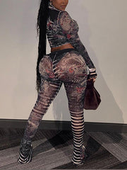 Mesh Print Crop Tops Tight Pants Clubwear Sets
