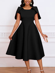 Solid Color Short Sleeve Cape Dress