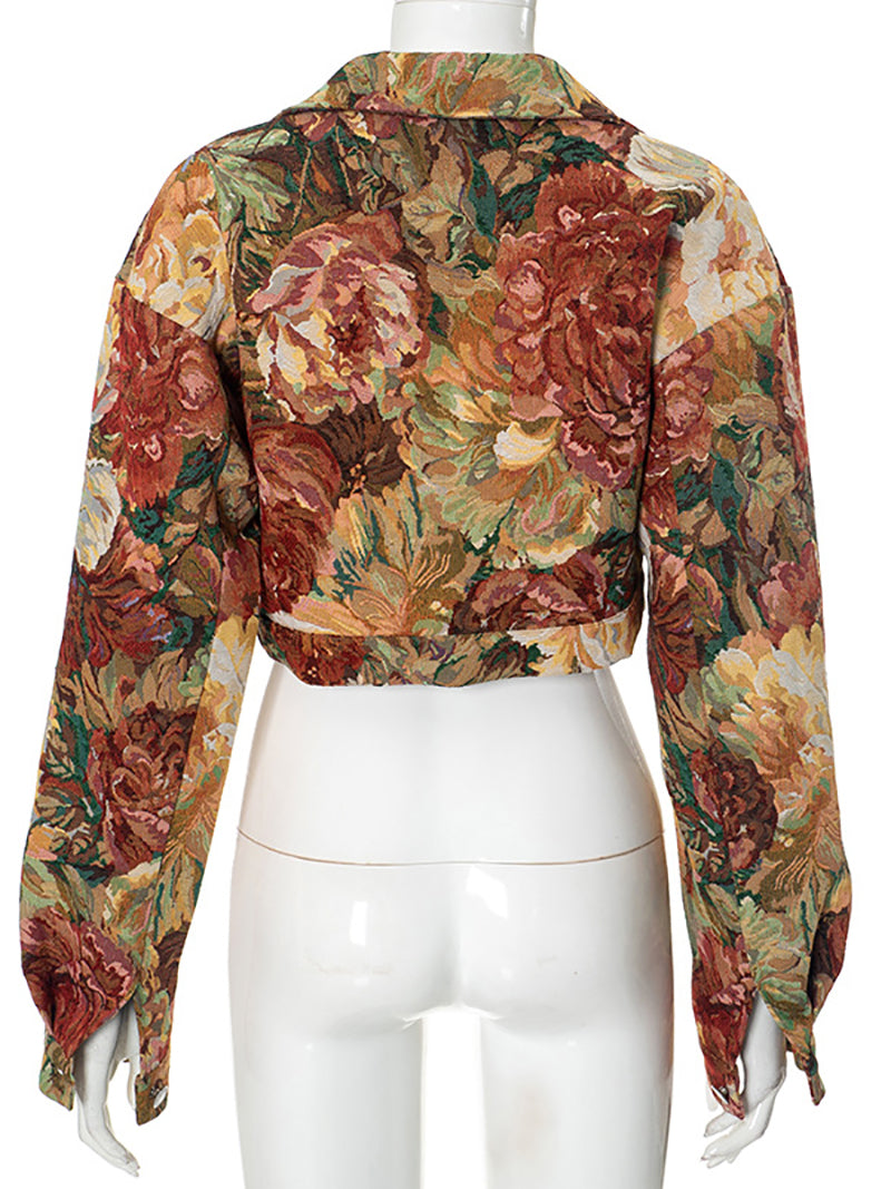 Printed Button-Front Cropped Jacket