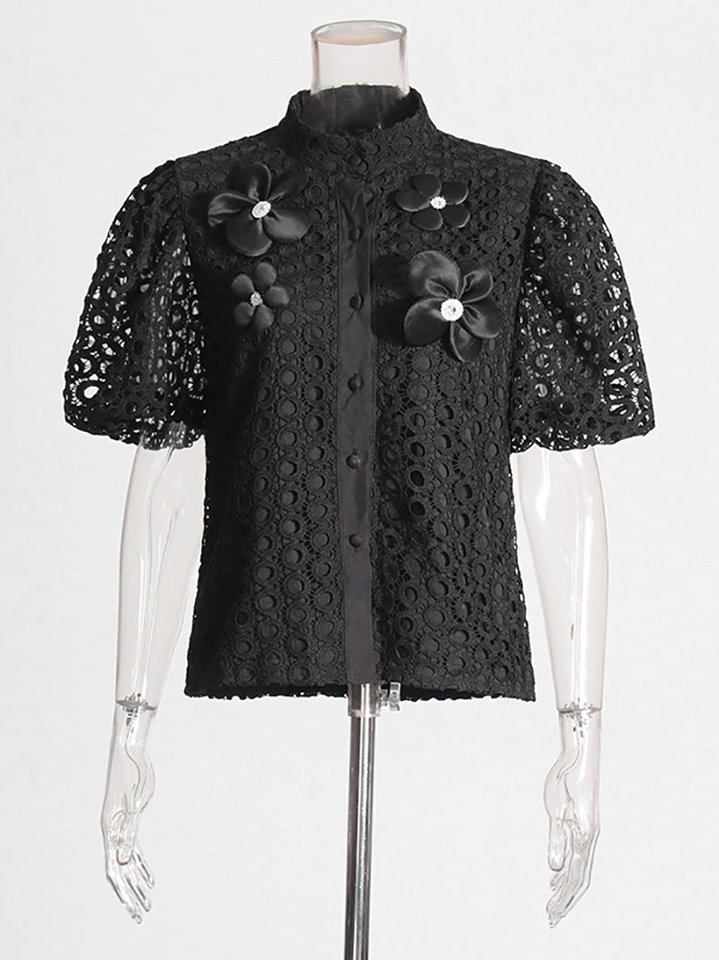 Elegant Floral Embellishment Hollow Blouse