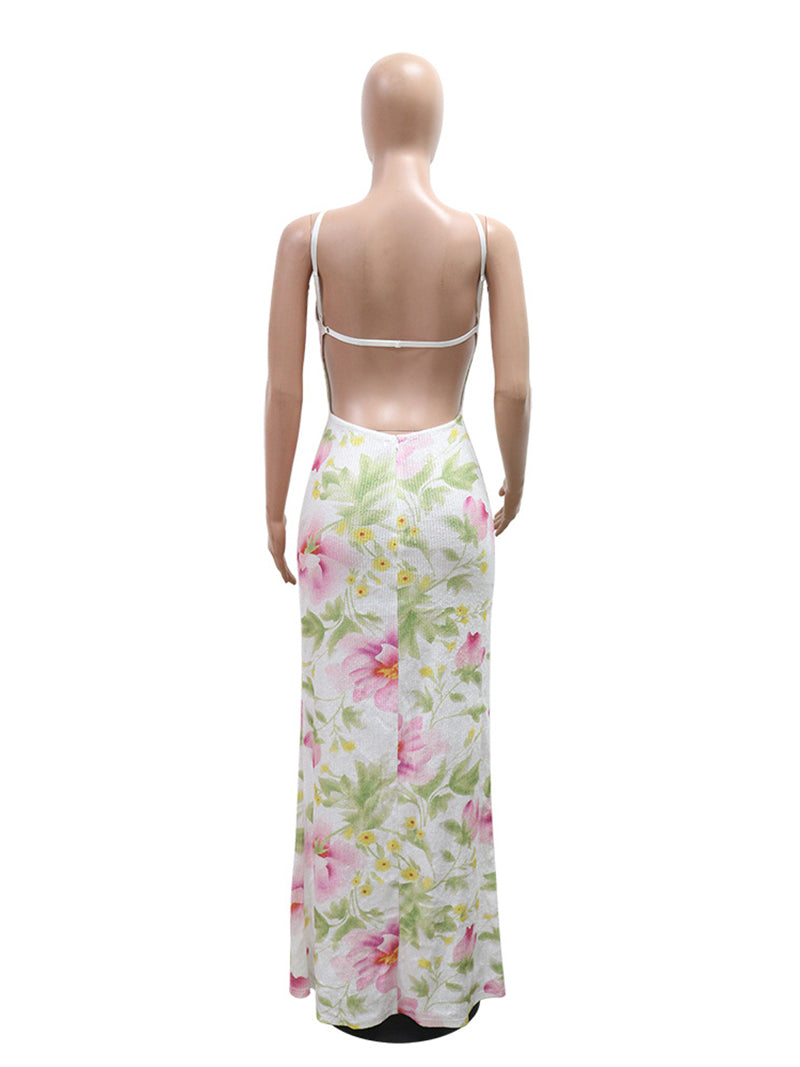 Sexy Sling Floral Print Sequin Backless Slit Maxi Dress