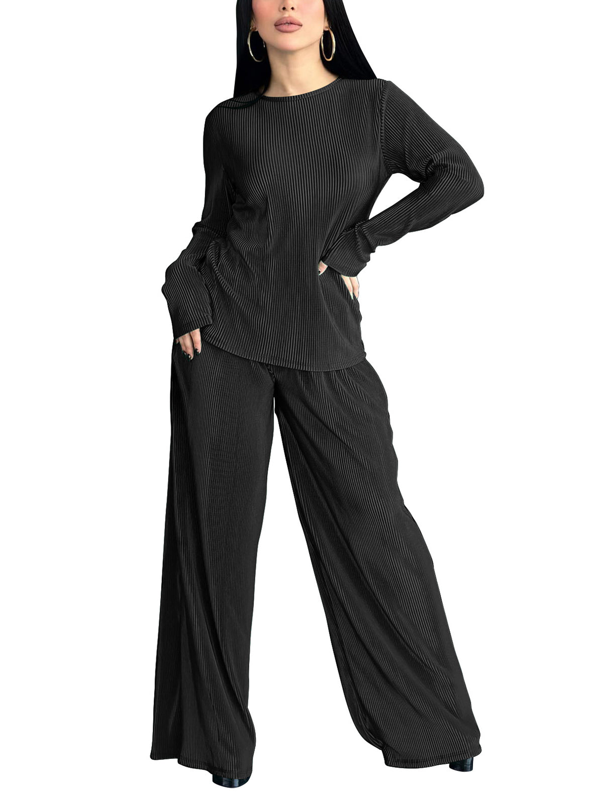 Fashion Loose Long Sleeve Wide Leg Pants Set