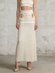 High Waist Satin A-line Draped Mesh Maxi Skirt