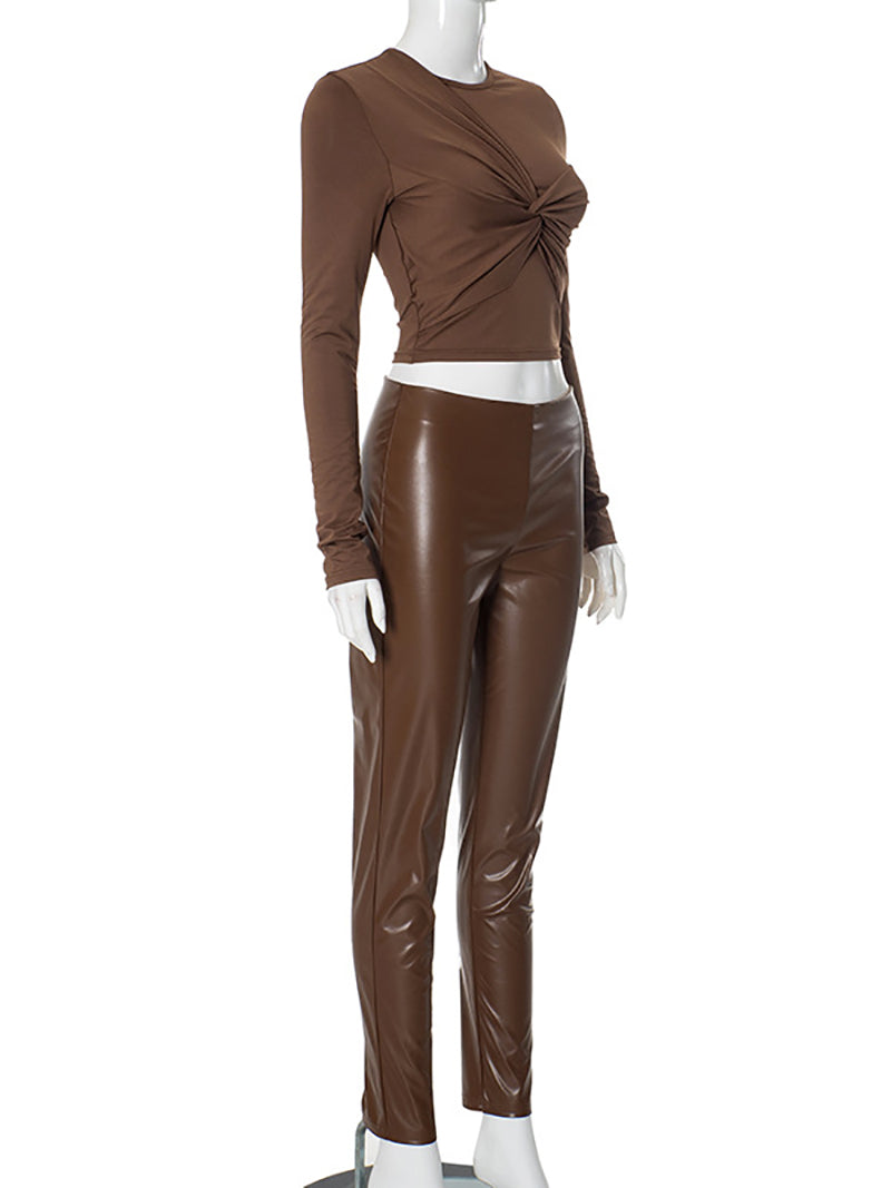 Elastic PU leather Skinny Leggings Set