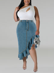 Plus Size High Waist Ruffles Denim Skirt