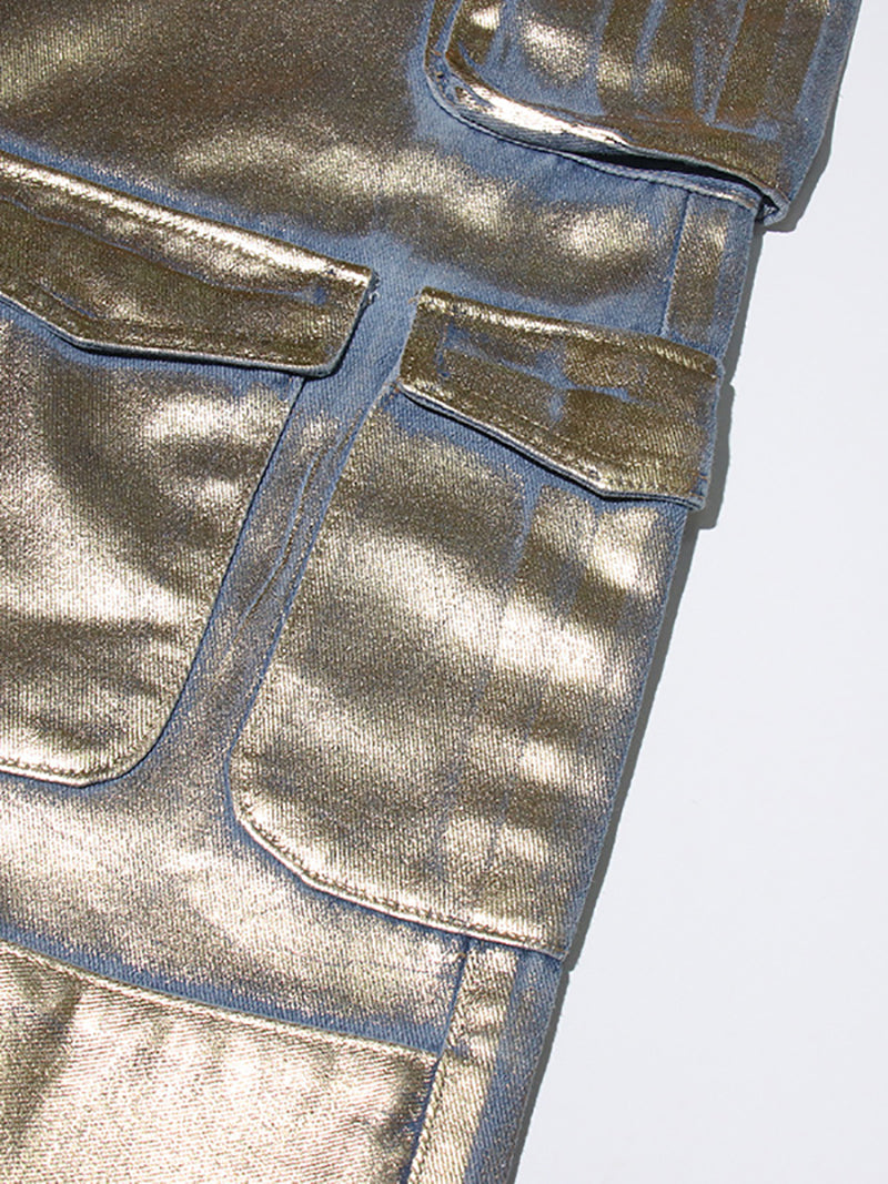 Fashionable Gold Print Multi-pocket Jeans