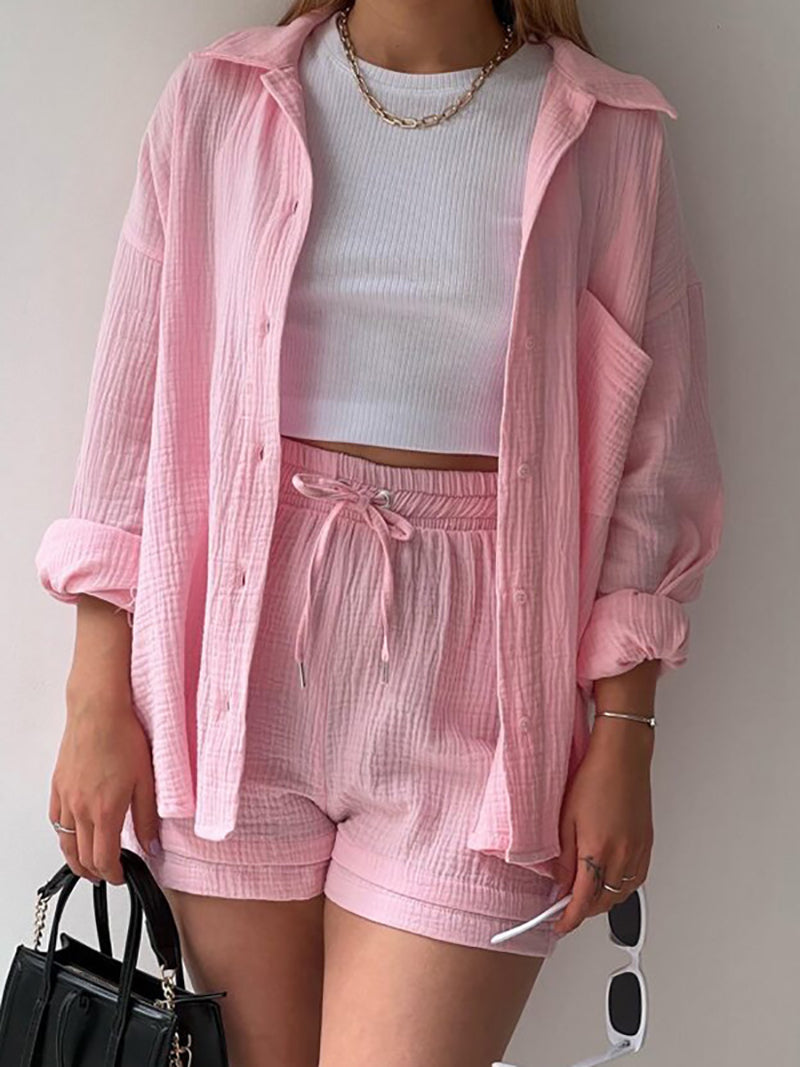 Long Sleeve Shirt Drawstring Shorts 3 Piece Set