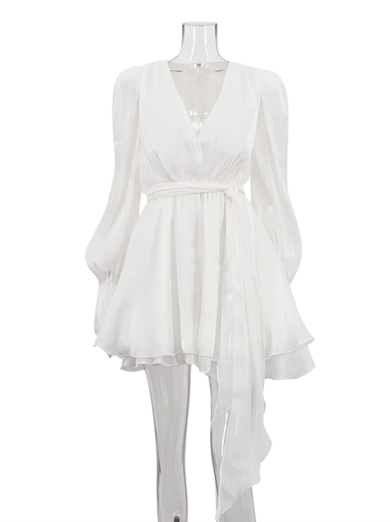 Elegant V Neck Bubble Sleeve Ruffled Mini Dress