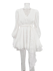 Elegant V Neck Bubble Sleeve Ruffled Mini Dress