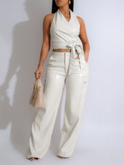 Sexy Faux Leather Halter Top And Pants Two Piece Set