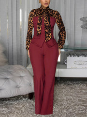 Fashion Leopard Print Tie Neck Shirt Trousers Set