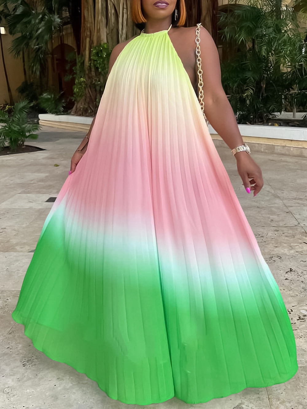 Sexy Gradient Color Halter Pleated Loose Dress