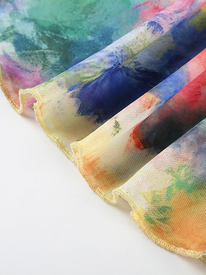 Casual Tie-Dye Print High Waist Mesh Long Skirt