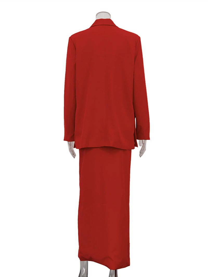 Fashion Loose Blazer And Slit Long Skirt Suit