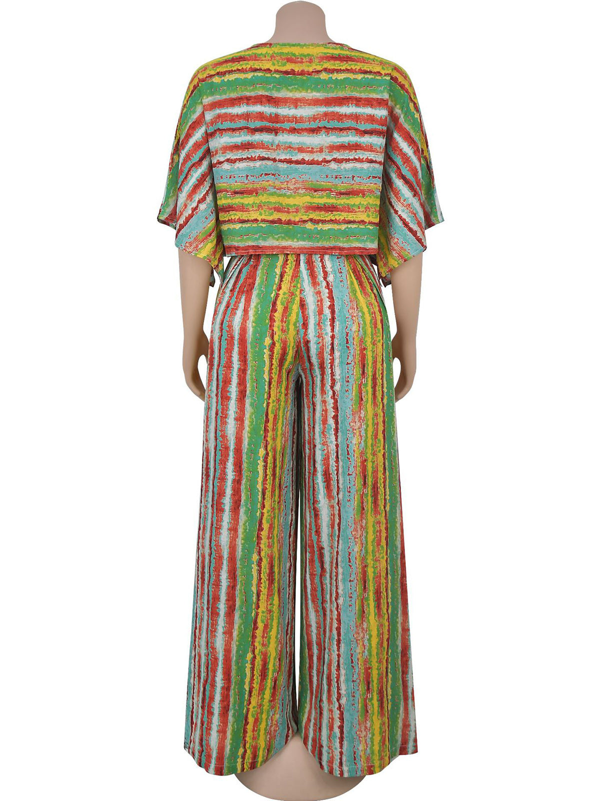 Stripe Print O Neck Half Sleeve Wide Leg Pants Set