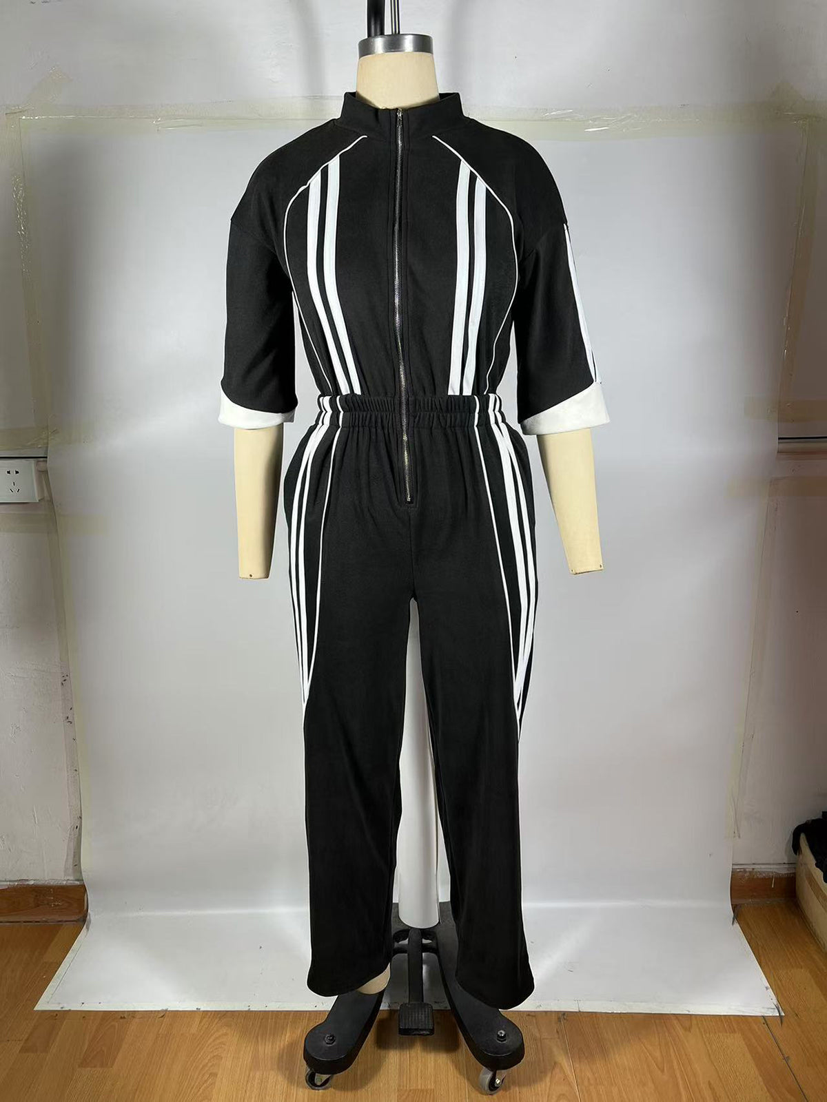 Fashion Stand Collar Zip-Up Striped Jumpsuit