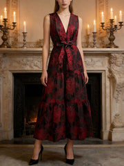 Vintage Print V Neck Sleeveless Belted Maxi Dress