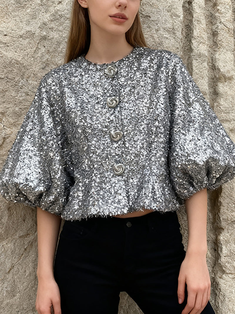 Round Neck Sequin Puff Sleeve Cardigan Top