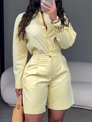 Casual Button Down Long Sleeve Shirt And Shorts Sets