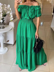Fashion Off Shoulder Ruffle Cinched Waist Maxi Dress