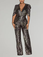 Fashion Sequins V Neck Bubble Sleeves Jumpsuit