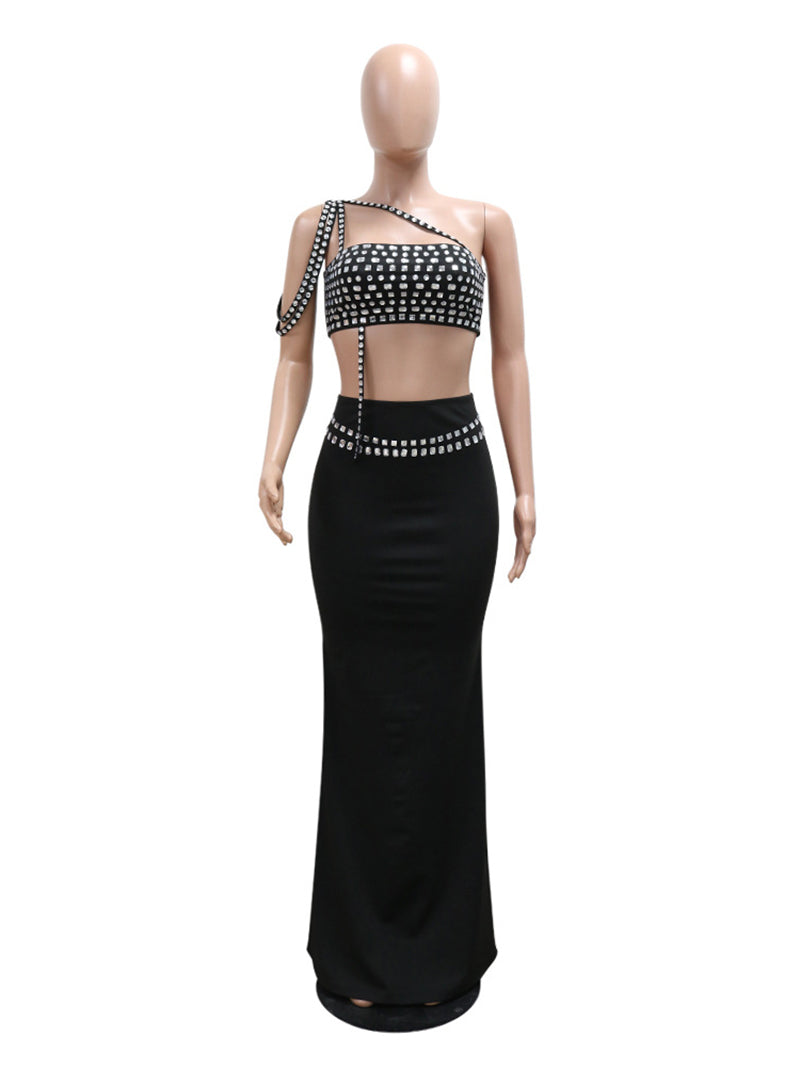 Rhinestone Wrapped Chest Maxi Skirt Evening Sets