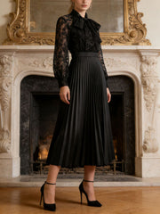 Fashion Hollow Embroidery Bow Lace-up Ruched Maxi Dress