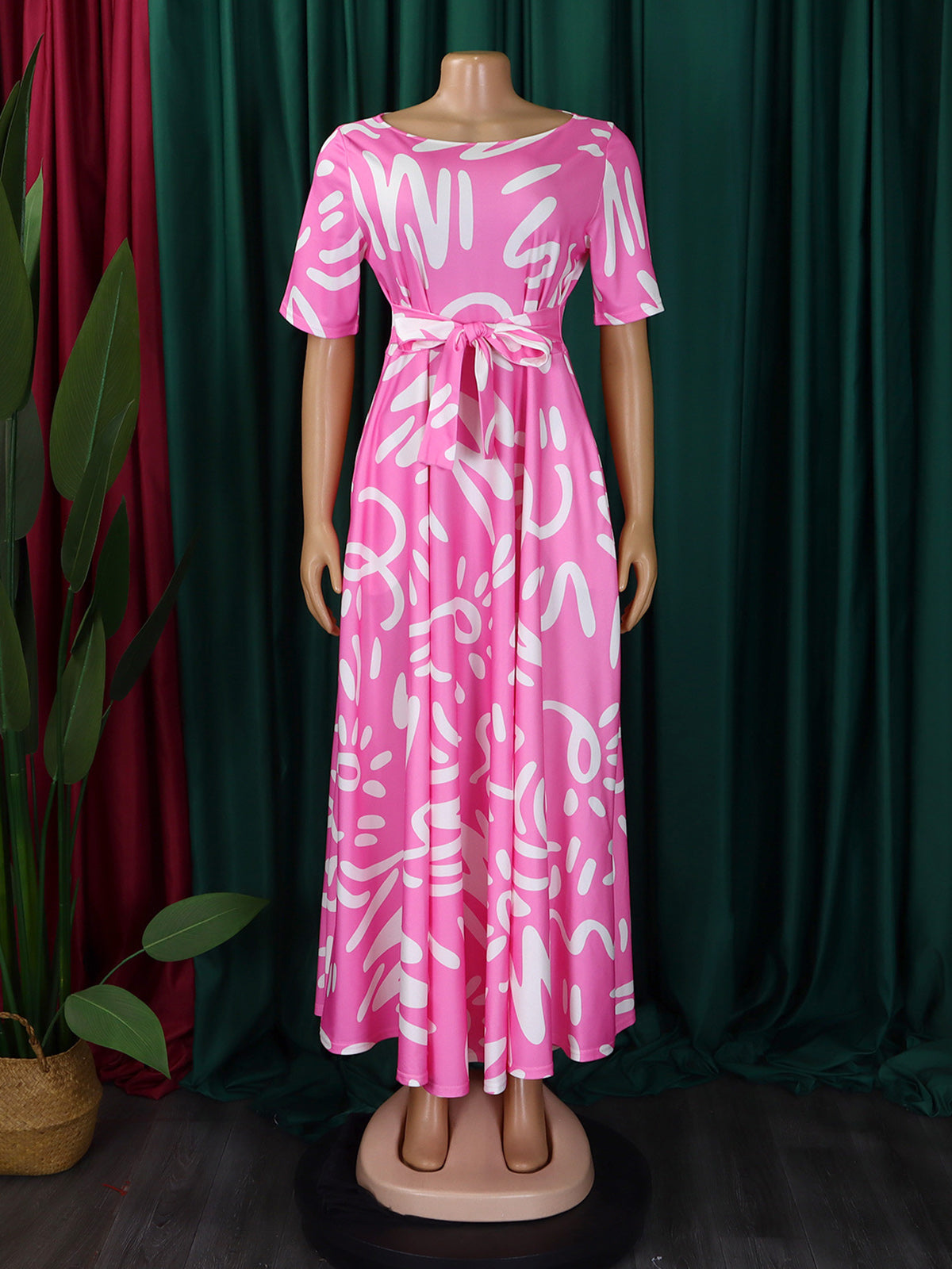Elegant Lace-up Short Sleeve Print Dress