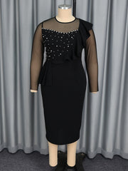 Crewneck Mesh Long Sleeve Ruffle Bodycon Midi Dress