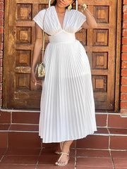 Elegant V-Neck Sleeveless Cinched Waist Pleated Dress