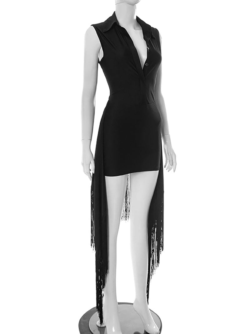 Sexy Lapel Sleeveless Bodysuit Tassels Skirt Set