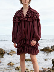 Elegant V Neck Long Sleeve Ruffles Loose Mini Dress