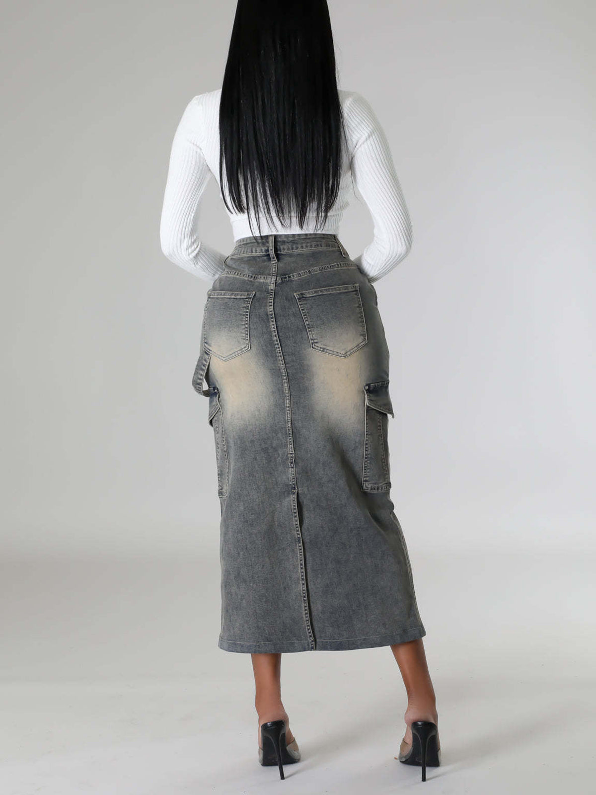 Fashion Tretch Split Multi-Pocket Denim Skirt