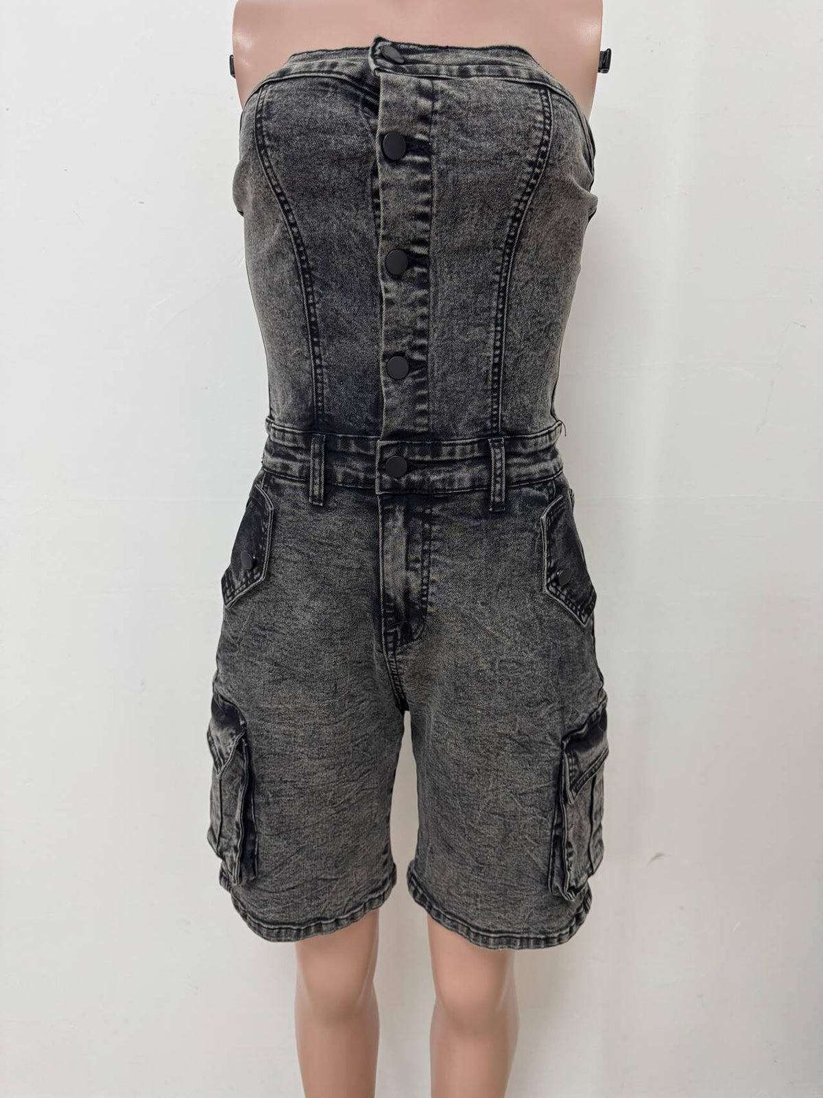 Sexy Strapless Denim Cargo Romper