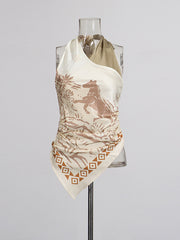 Casual Halter Print Asymmetric Top