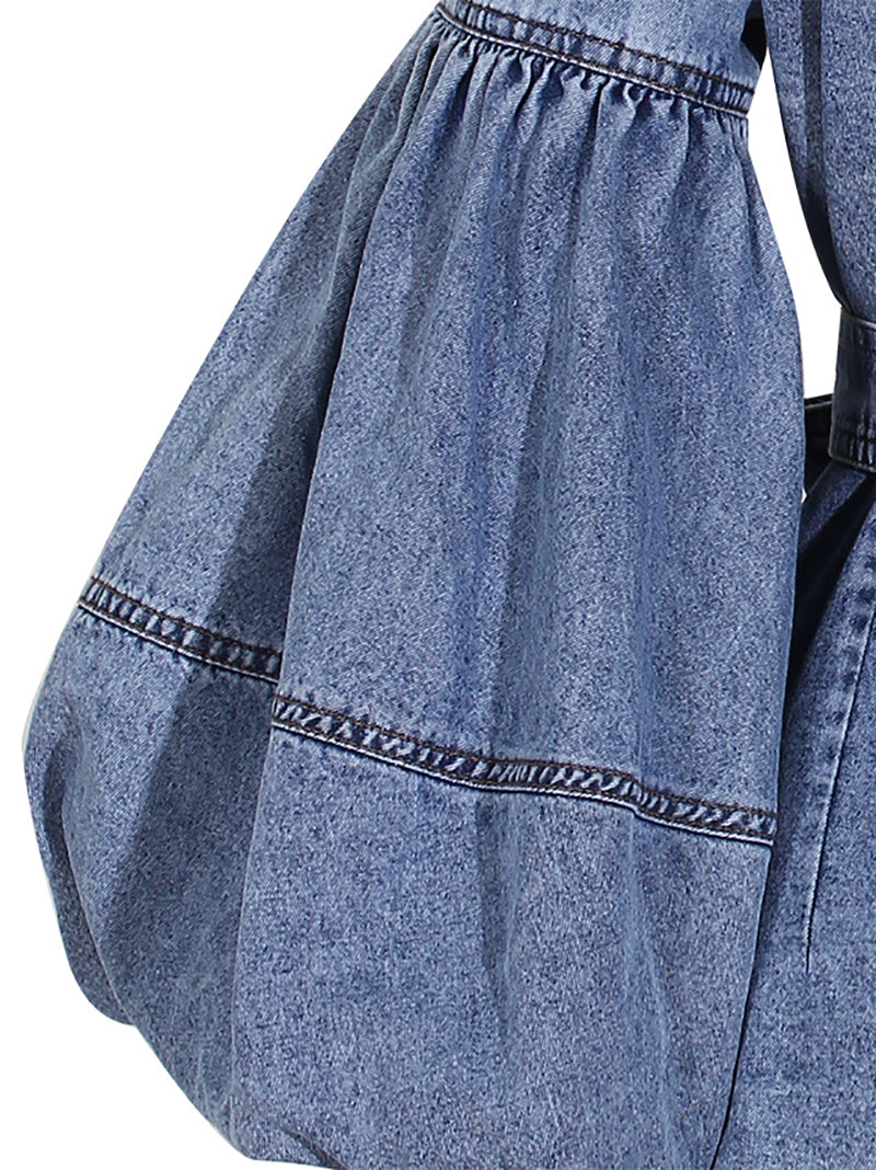 Casual V-Neck Balloon Sleeve Denim Blouse