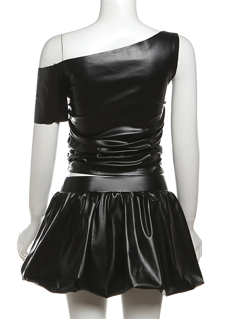 Faux Leather Crop Top Bubble Hem Skirt Sets