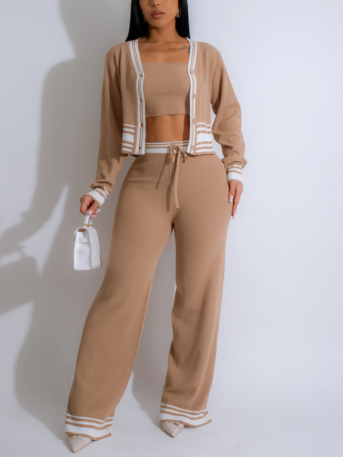 Knit Cardigan Crop Tank and Pants Sweatsuit 3 Piece