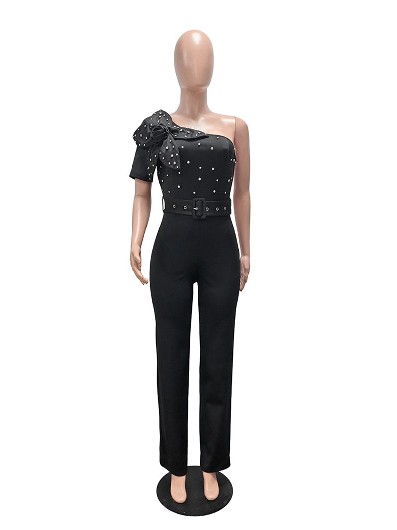 Elegant One Shoulder Rhinestone Wide Leg Jumpsuit