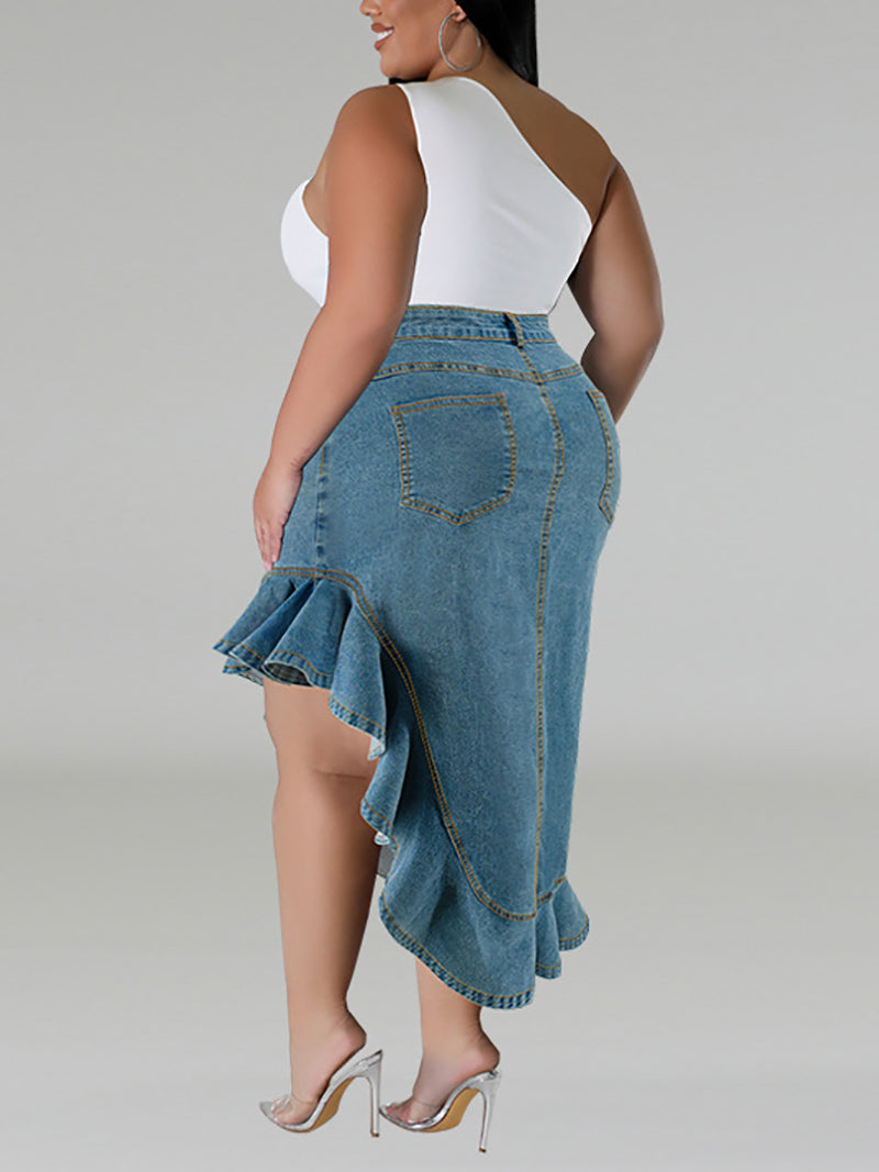 Plus Size High Waist Ruffles Denim Skirt