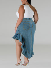 Plus Size High Waist Ruffles Denim Skirt