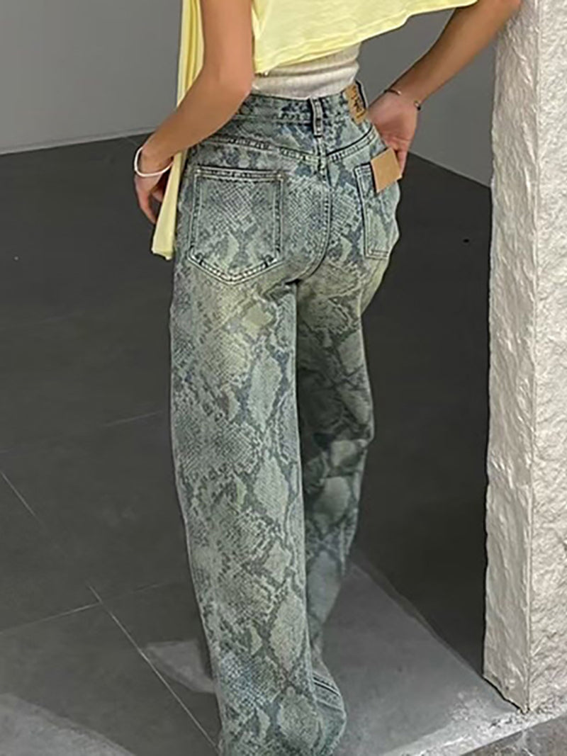 Fashion Snake Print Straight Leg Casual Jeans