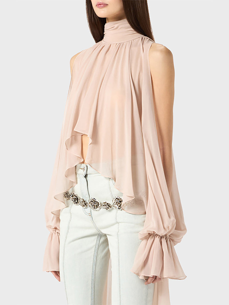 Casual High Neck Solid Slim Sheer Blouses