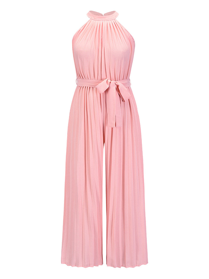 Fashion Sleeveless Slim Wide Leg Pleated Jumpsuit